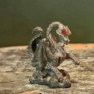 Vintage Pewter Mini Dragon • Red Gem Eye • 1.25” • Fantasy Figurine